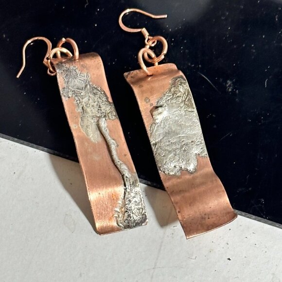 Sterling Silver 925 Reticulated Copper Earrings Rustic Gift Handmade Brutalist - Picture 6 of 8